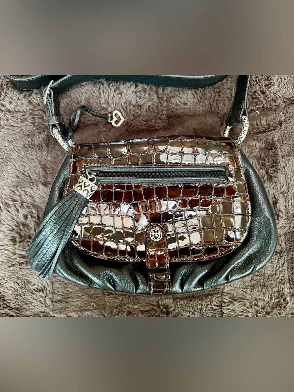 Brighton Glossy Croc-Embossed Brown Crossbody Bag with Tassel - Picture 1 of 8